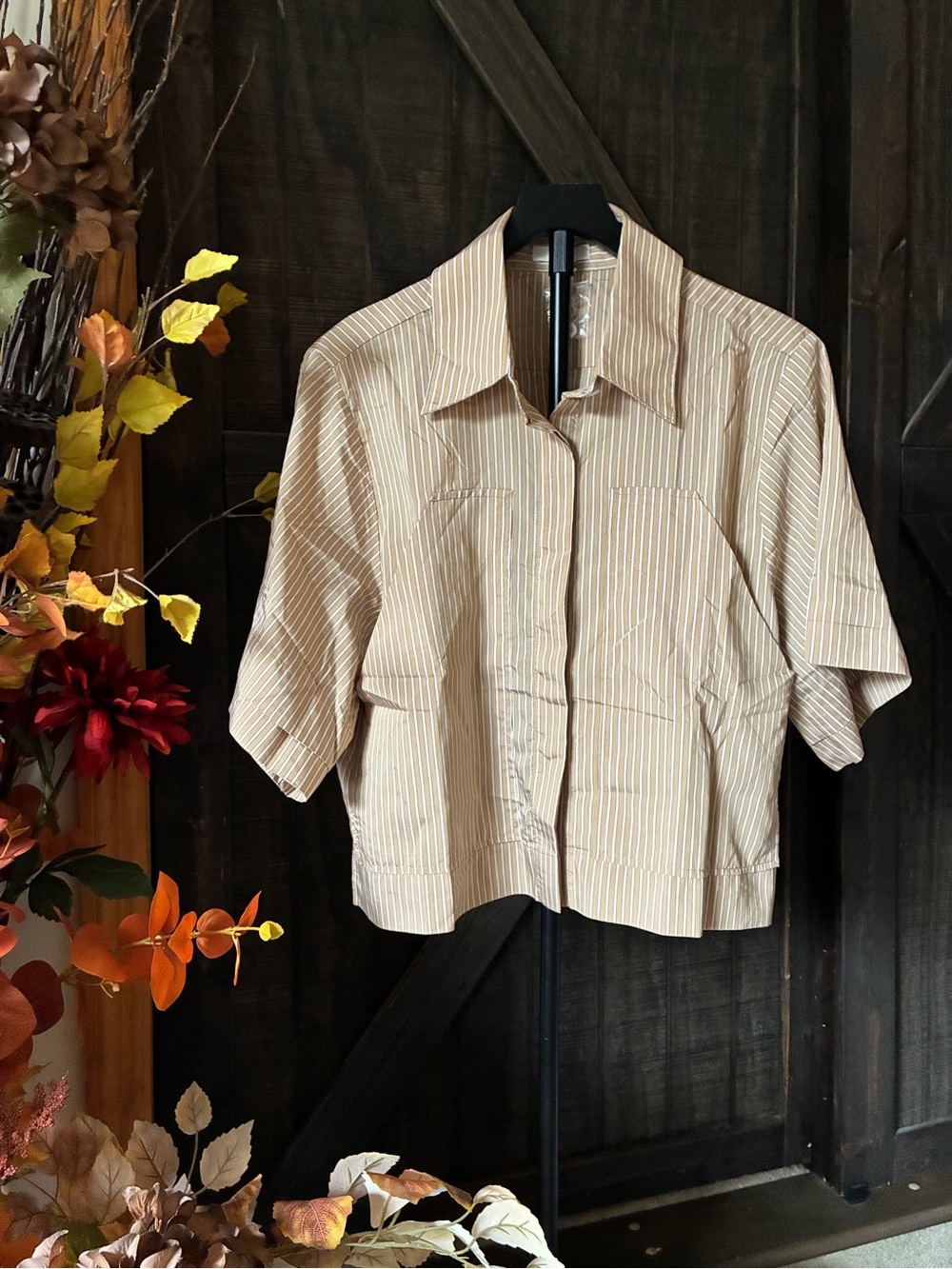 Elan Tan and White Striped Crop Button-Up Top pit 2 pit 24. L 24 1/2